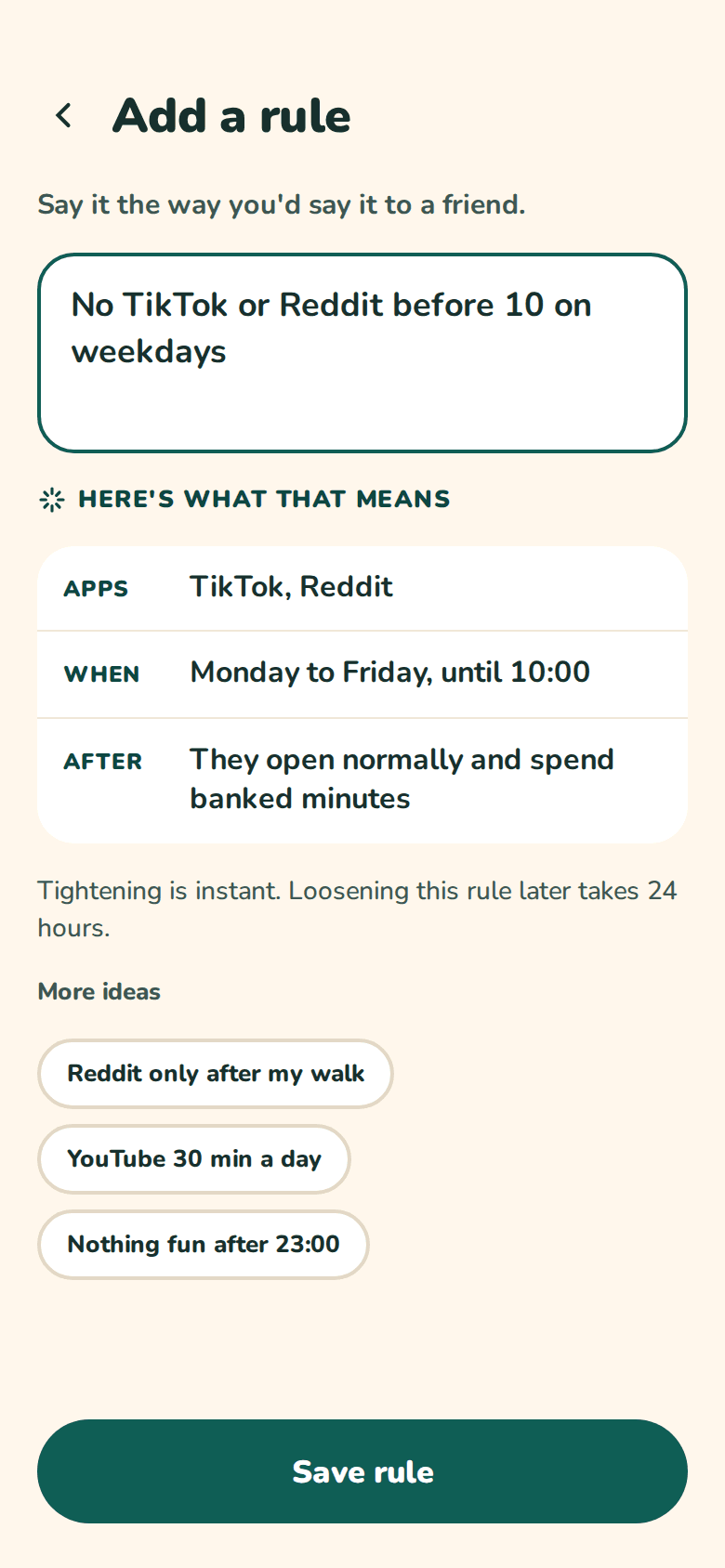 Add a rule screen: No TikTok or Reddit before 10 on weekdays.